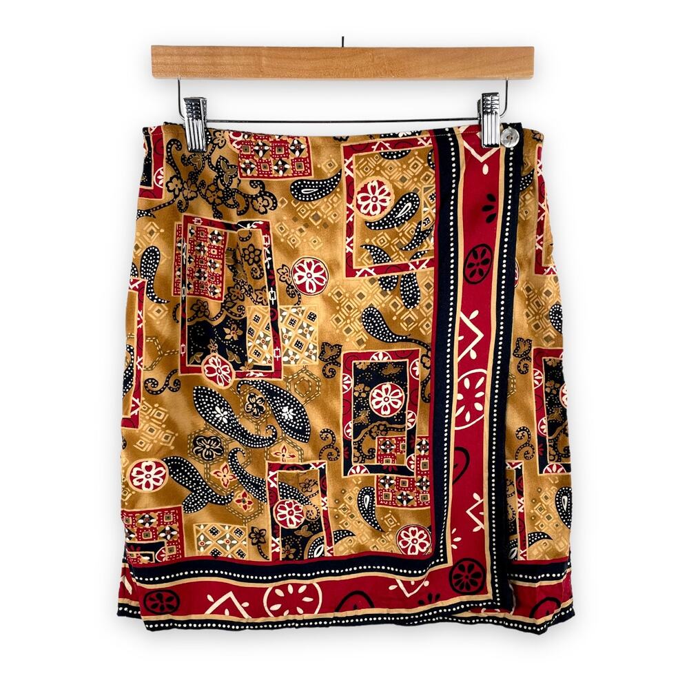 90s Vintage Requirements Skirt PM Tan Red Wrap Front Mini Paisley Western Boho